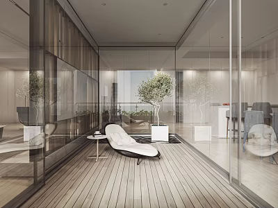 Modern Home Balcony Design with Glass Walls Wooden Flooring White Lounge Chair and Potted Plant 3d model