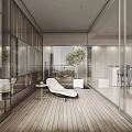 Modern Home Balcony Design with Glass Walls Wooden Flooring White Lounge Chair and Potted Plant