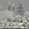Snow Covered Trees With Different Varieties Bushes and Snowman in Winter Scene