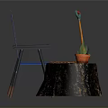 Blue Outdoor Chair With Tree Stump Table Potted Plant And Shovel