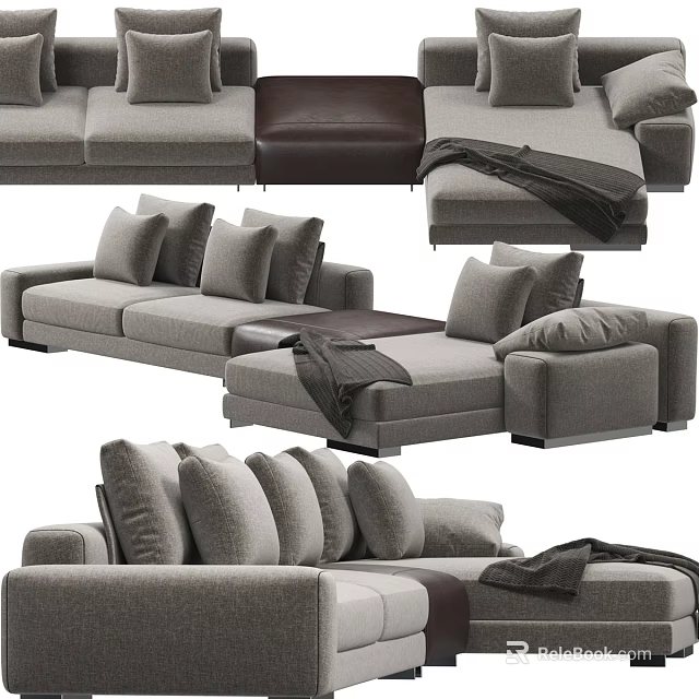 Modern Gray Fabric Sectional Sofa With Multiple Pillows And Throw Blanket 3d model