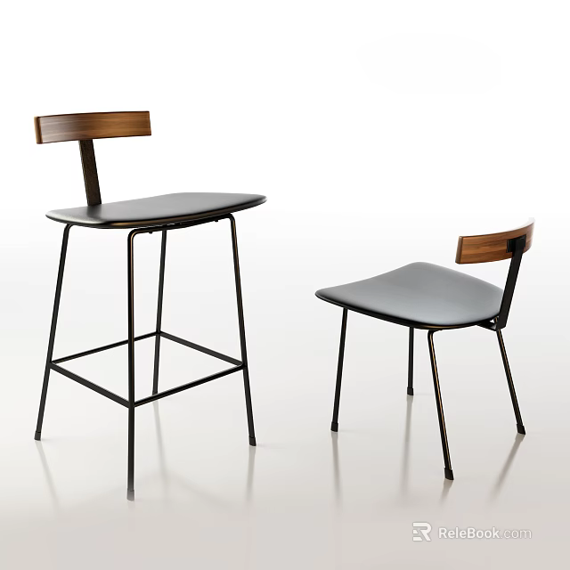 Modern Minimalist Leisure Chairs With Wooden Backrest Black Metal Frame And Gray Seat Cushion 3d model 