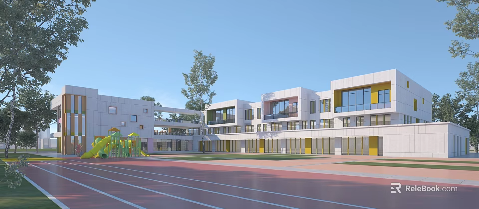 Modern School Building With White Exterior Glass Windows Playground Running Track And Yellow Slide 3d model 
