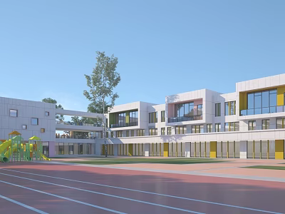 Modern School Building With White Exterior Glass Windows Playground Running Track And Yellow Slide 3d model