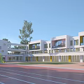 Modern School Building With White Exterior Glass Windows Playground Running Track And Yellow Slide