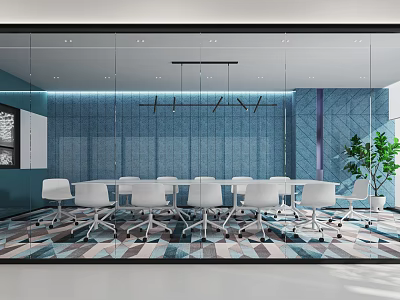 Modern Conference Room Interior With Glass And Blue Walls White Chairs Table And Plant 3d model