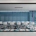 Modern Conference Room Interior With Glass And Blue Walls White Chairs Table And Plant