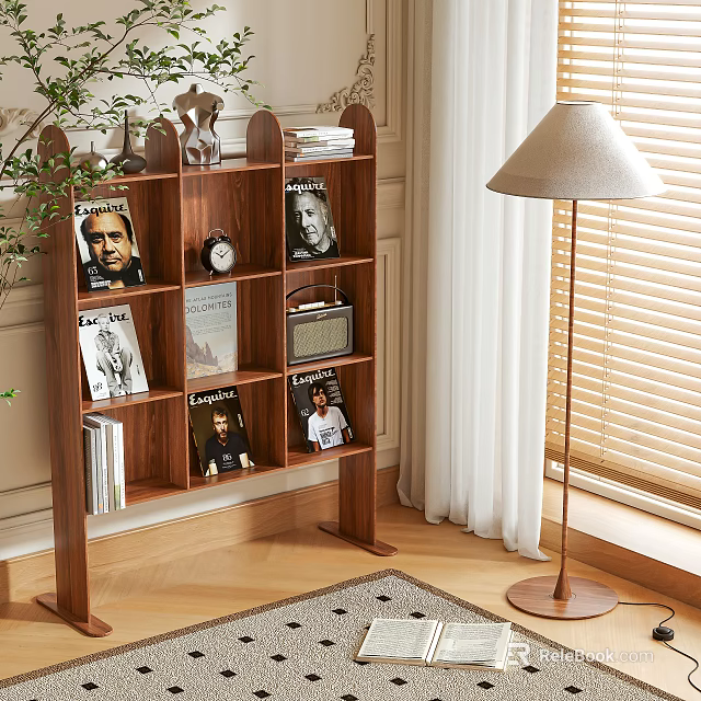 Wooden Entryway Cabinet Sideboard Featuring Shelves Books Photo Frames Decorative Items Green Plant Floor Lamp 3d model 