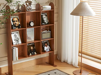 Wooden Entryway Cabinet Sideboard Featuring Shelves Books Photo Frames Decorative Items Green Plant Floor Lamp 3d model