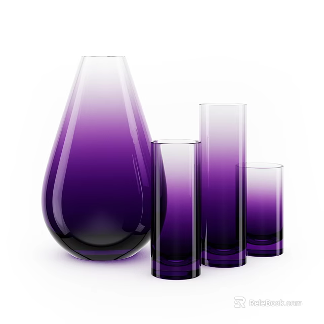 Purple Glass Decorative Ornament Set With Teardrop Shaped Vase And Three Different Heights Cylindrical Glasses 3d model 