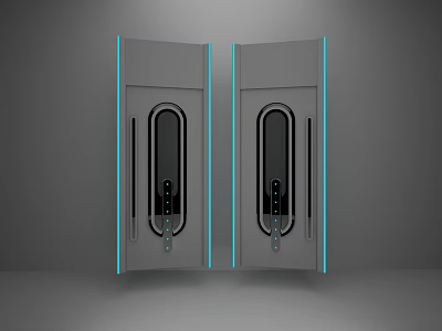 Modern Hinged Doors With Gray Surface Blue Edges And Oval Glass Panels 3d model