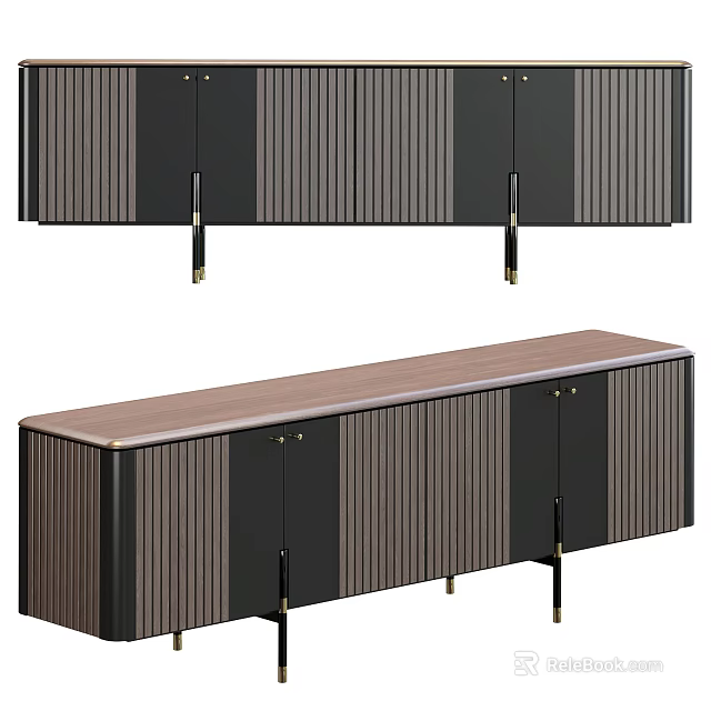 Modern Entryway Console Sideboard Cabinet With Striped Panels Wooden Top And Metal Legs 3d model 