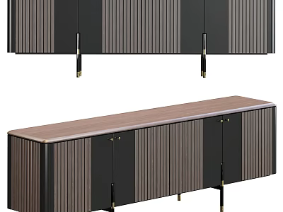 Modern Entryway Console Sideboard Cabinet With Striped Panels Wooden Top And Metal Legs 3d model