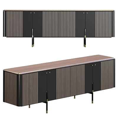Modern Entryway Console Sideboard Cabinet With Striped Panels Wooden Top And Metal Legs 3d model