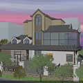 Modern Detached Villa With Large Glass Windows Dark Tile Roof Landscaped Garden And Sunset Sky