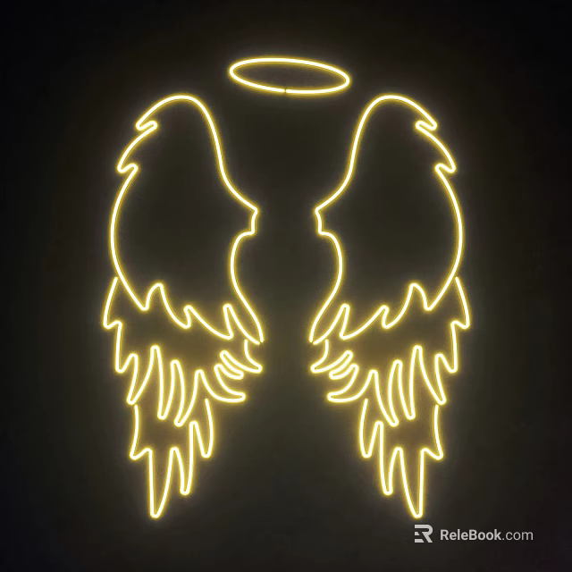 Stylish Angel Wing Shaped Neon Decorative Light with Yellow Glow on Black Background 3d model 