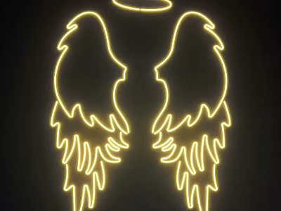 Stylish Angel Wing Shaped Neon Decorative Light with Yellow Glow on Black Background 3d model