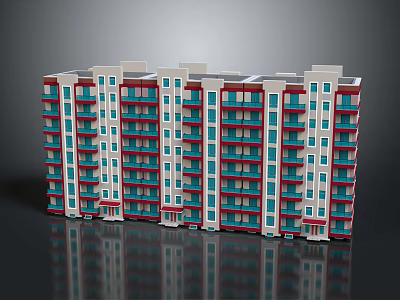 Modern Multi Storey Residential Building With Red And White Exterior Balconies And Windows 3d model