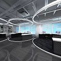Modern Public Office Space With Circular Desks Large Windows And Ceiling Lights 3d model
