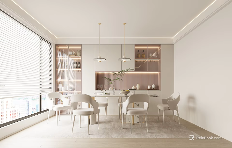 Modern Open Restaurant Interior With White Dining Table Chairs And Pendant Lights 3d model