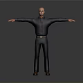 Bald Man In Dark Shirt Pants With Brown Belt Shoes Arms Outstretched Against Gray Background