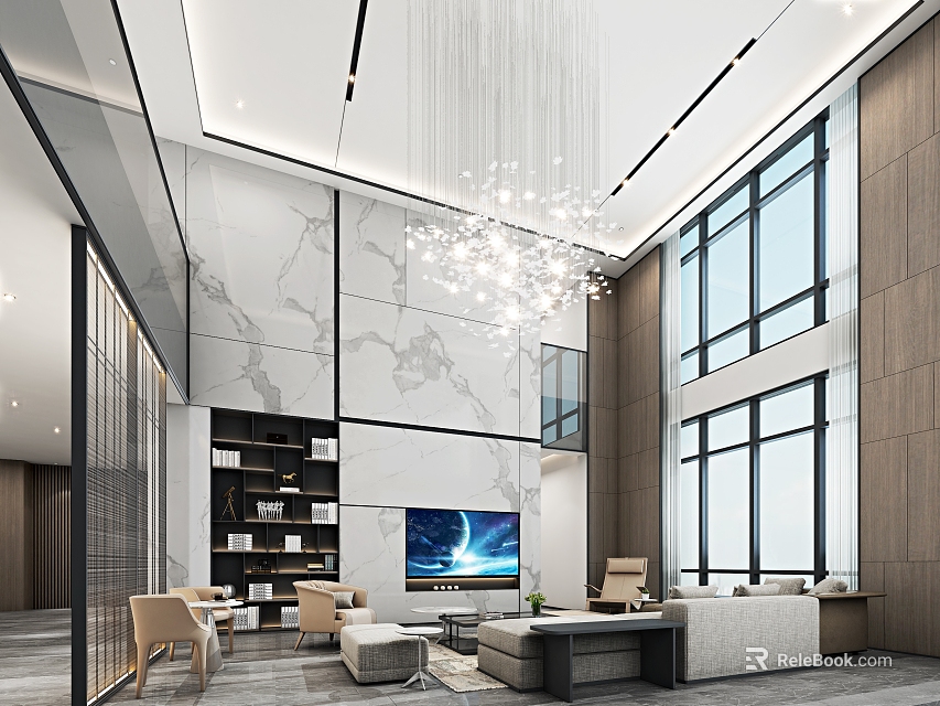Modern Duplex Living Room Interior Design With Marble Wall Large Windows Chandelier TV Sofa Bookshelf 3d model 