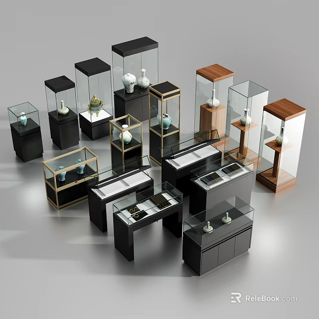 Modern Figurine Display Cabinets with Various Glass Doors and Wooden Frames for Collectibles 3d model 