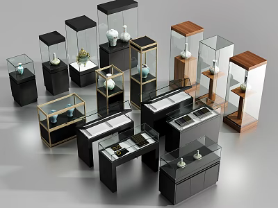 Modern Figurine Display Cabinets with Various Glass Doors and Wooden Frames for Collectibles 3d model