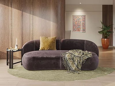 Modern Living Room Interior With Deep Purple Double Sofa Yellow Cushion Green Rug And Plant 3d model