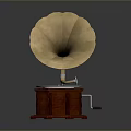 Vintage Gramophone Design With Brass Horn Wooden Base Round Turntable And Black Disc