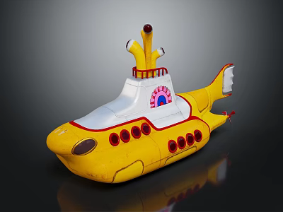 Yellow Submarine Watercraft With White Top Red Details And Round Windows 3d model