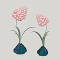 Two Pink Grape Like Flowers In Blue Green Vases With Green Leaves On Black Background