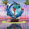 Sculpture With Blue Structure Human Figure Red White Spheres Purple Pink Striped Background Palm Trees
