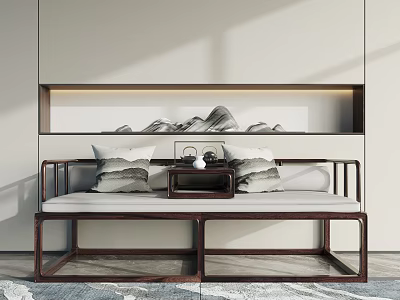 Modern Chinese Style Daybed with Wooden Frame White Cushion and Ink Painting Pillows 3d model