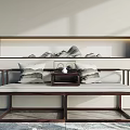 Modern Chinese Style Daybed with Wooden Frame White Cushion and Ink Painting Pillows