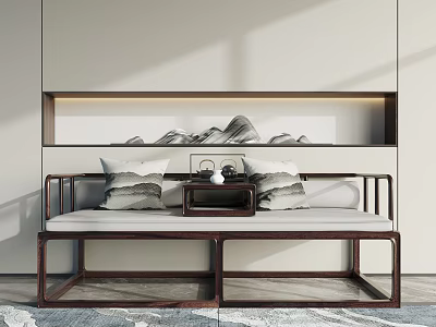 Modern Chinese Style Daybed with Wooden Frame White Cushion and Ink Painting Pillows 3d model