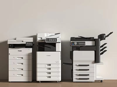 Three White And Black Office Multifunctional Printers With Multiple Drawers And Control Panels 3d model