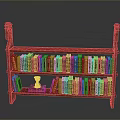 Wooden Carved Bookcase with Two Tier Shelves Filled with Colorful Books and Decorative Item