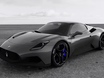 Gray Sleek Sports Car With Modern Design And Blue Accented Wheels On Open Road 3d model