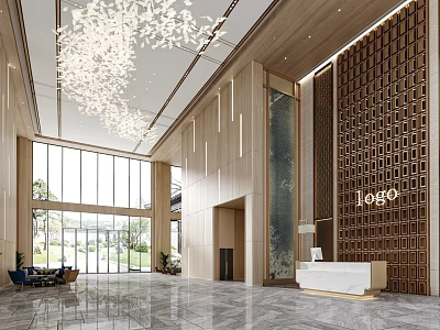Hotel Lobby Interior With Chandelier Wooden Decorations Large Windows Marble Floor And Reception Desk 3d model