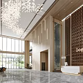 Hotel Lobby Interior With Chandelier Wooden Decorations Large Windows Marble Floor And Reception Desk