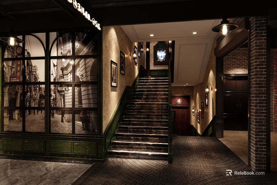 Vintage Elevator Hallway Design With Staircase Lighting Decorative Paintings And Tile Flooring 3d model 