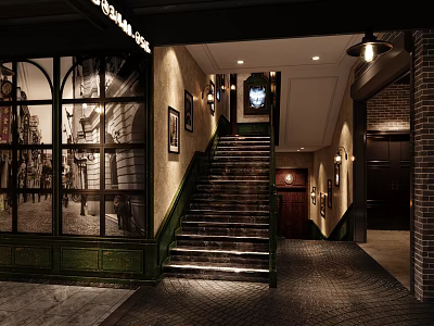Vintage Elevator Hallway Design With Staircase Lighting Decorative Paintings And Tile Flooring 3d model