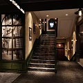 Vintage Elevator Hallway Design With Staircase Lighting Decorative Paintings And Tile Flooring