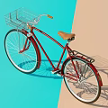 Red Bicycle With Brown Seat Metal Basket And Rear Rack On Blue Pink Gradient Background