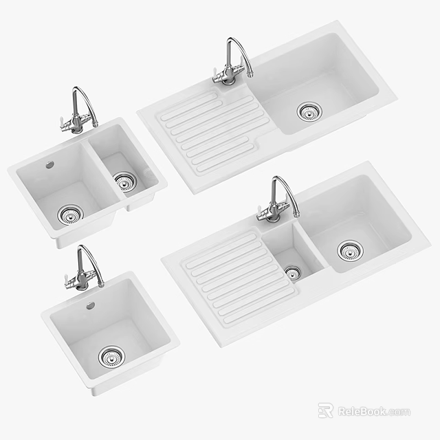 White Kitchen Sinks With Various Designs Including Single And Double Bowls And Faucets 3d model 