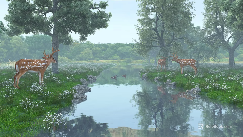 Scenic Natural Landscape With Tall Trees Deer And Ducks By Stream In Meadow With Reflections 3d model 