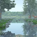Scenic Natural Landscape With Tall Trees Deer And Ducks By Stream In Meadow With Reflections