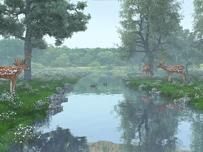 Scenic Natural Landscape With Tall Trees Deer And Ducks By Stream In Meadow With Reflections 3d model