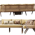 Beige Sectional Sofa With Rattan Armrests Wooden Legs And Decorative Pillows
